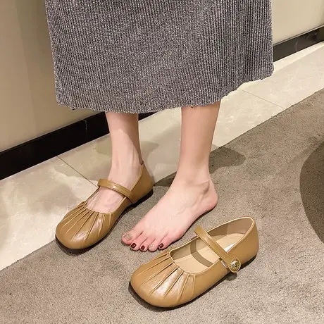 一字带单鞋女2023夏季新款圆头浅口豆豆鞋日常晚风通勤气质平底鞋图片