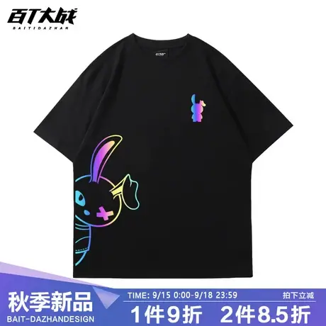 百T大战反光t恤炫彩兔子印花美式高街oversize黑色短袖2023新款商品大图