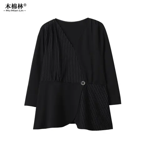 胖mm大码女装条纹遮肚显瘦V领上衣2024年春季新款时尚气质长袖T恤图片