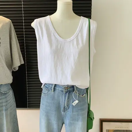 无袖纯色圆领宽松休闲薄款夏季白色背心女式韩版通勤气质外穿T恤图片