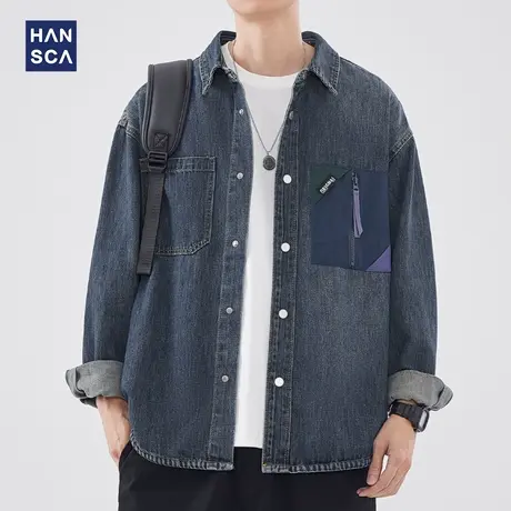 hansca复古拼接牛仔衬衫男春季新款潮牌日系宽松设计感百搭外套男图片