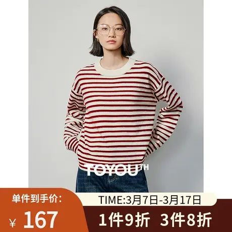 TOYOUTH初语圣诞氛围红色条纹毛衣女2024春季新款慵懒套头针织衫商品大图