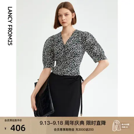 朗姿纯棉高级感修身显瘦复古碎花泡泡袖蕾丝衫雪纺衫2023夏季新款图片