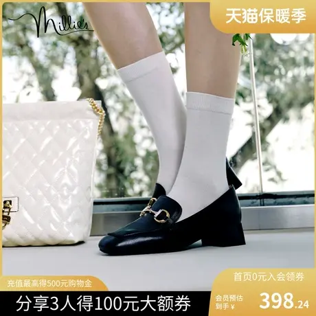 millie's/妙丽新款通勤羊皮时尚英伦风粗跟小皮鞋女单鞋LZE40CA2商品大图