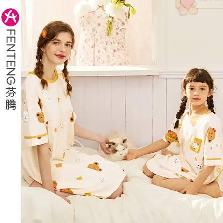 芬腾纯棉睡裙女夏季短袖中长裙可爱卡通亲子母女中大童家居服睡衣商品大图