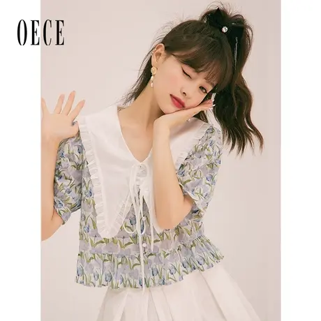 Oece碎花衬衫短袖上衣女2023春夏新款女装复古气质衬衣设计感小衫图片
