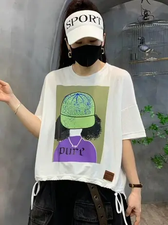 2023夏季新款大版休闲时尚卡通印花韩版宽松圆领大码半袖T恤上衣商品大图