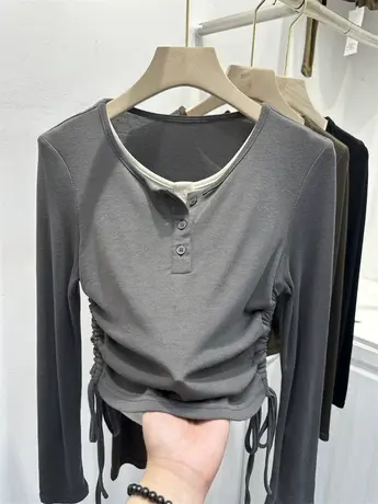 设计感拼色假两件长袖T恤女2023秋季新款抽绳褶皱收腰短款打底衫图片