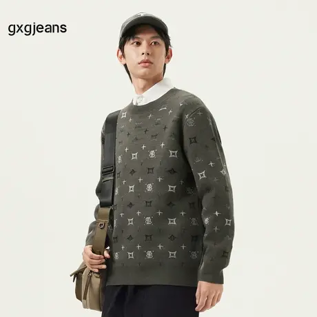 gxg.jeans男装 绿色满印设计宽松圆领毛衣针织衫线衫男 25春新品图片