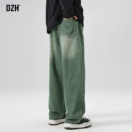 男士绿色灯芯绒裤子男宽松直筒休闲裤男款秋季2023新款阔腿裤长裤商品大图