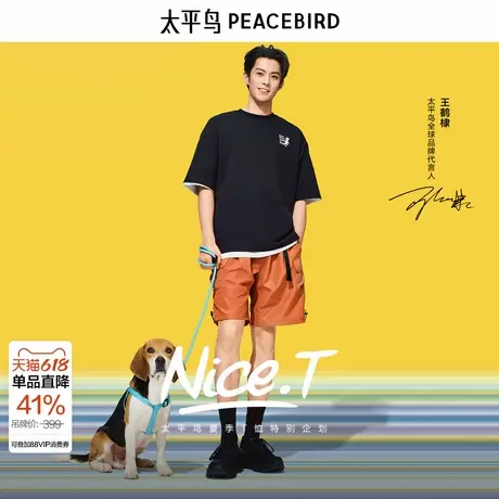 【王鹤棣同款】太平鸟男装夏季撞色贴布短袖T恤宽松阔版上衣潮商品大图
