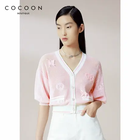 COCOON商场同款时尚上衣2024夏新款v领百搭短款宽松版型毛针织衫商品大图