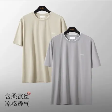 金利来男士T恤含桑蚕丝黑色圆领短袖男T恤2025年夏季宽松纯色体恤商品大图