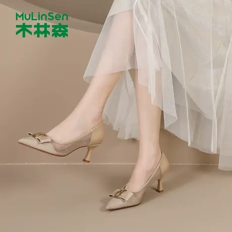 木林森女鞋2025夏季新款时尚配裙子尖头细跟单鞋网纱透气浅口凉鞋图片