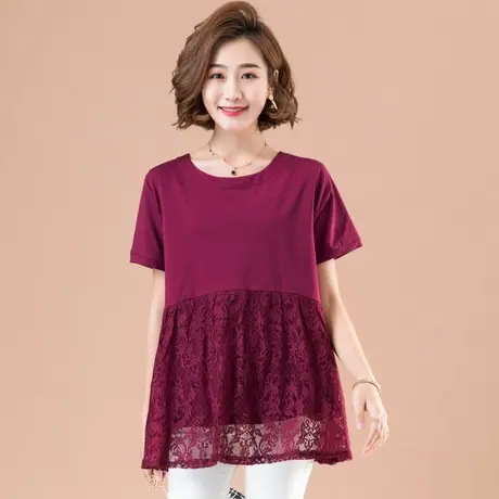 夏季加肥加大码女装宽松中长款短袖女T恤蕾丝遮肚子中年妈妈上衣商品大图