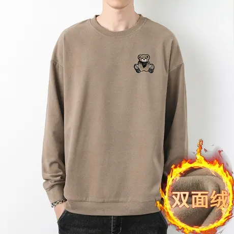小熊卫衣男秋冬圆领套头无帽宽松潮流百搭加绒保暖双面绒长袖t恤商品大图