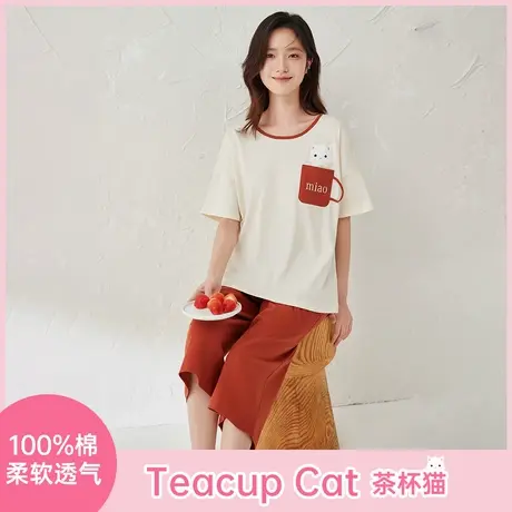 顶瓜瓜睡衣女款纯棉春夏季短袖七分裤卡通猫咪家居服套装商品大图