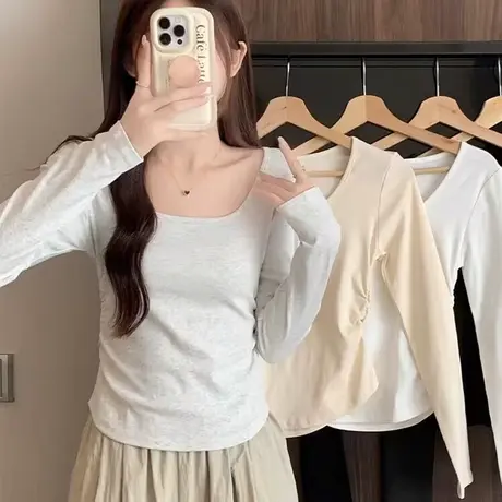 纯色简约方领正肩长袖T恤女秋季韩版洋气减龄修身短款上衣打底衫图片