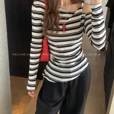 25早秋新款时尚设计感小众一字肩斜肩长袖T恤女条纹显瘦辣妹上衣商品大图
