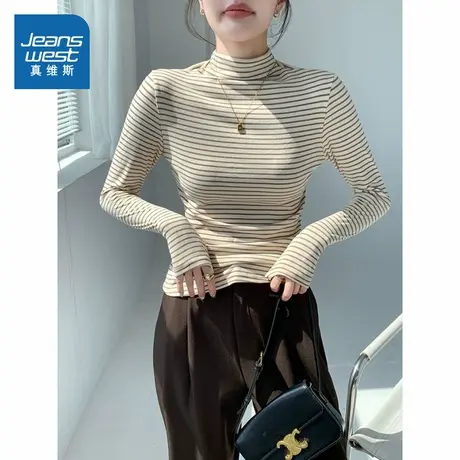 LE真维斯女装2025秋季新款 半高领条纹韩版显瘦内搭修身打底衫女商品大图