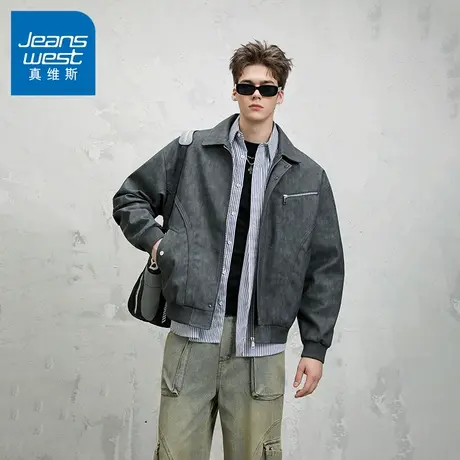 N5真维斯外套男2025秋季新款美式潮牌高街宽松男士春秋装PU皮夹克商品大图