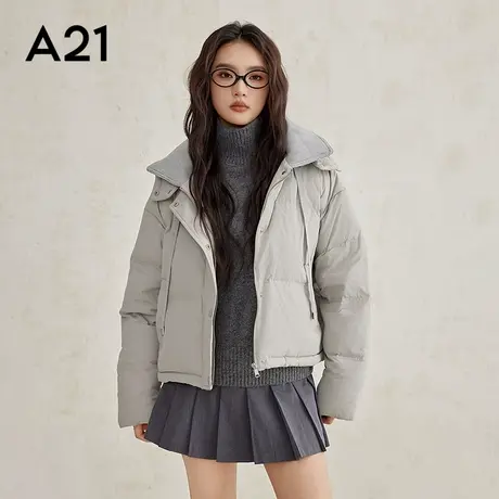 A21女装梭织宽松可拆帽落肩开襟厚短羽绒服冬季保暖厚羽绒外套商品大图