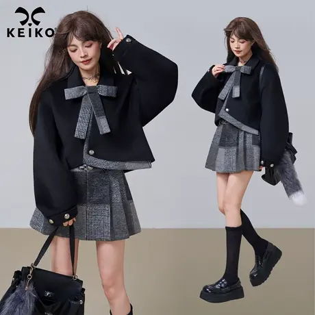 KEIKO 千金感蝴蝶结系带短款毛呢外套女25秋冬法式氛围感两件套装商品大图