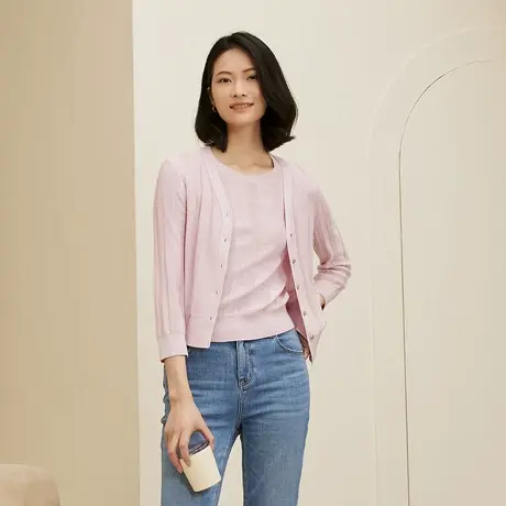 LANCY朗姿夏款V领简约百搭气质女式针织开衫商品大图