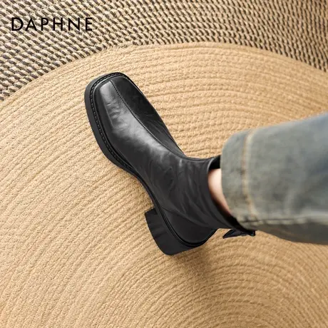 达芙妮黑色高跟短靴女款2026新款冬季切尔西瘦瘦靴加绒粗跟马丁靴商品大图