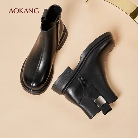 奥康 女鞋冬季女靴子真皮薄绒软底舒适平底英伦风百搭切尔西靴L图片