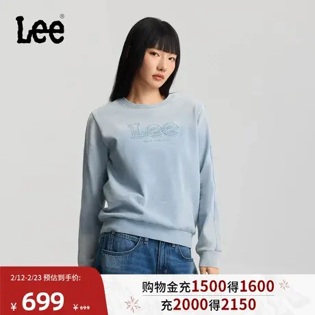 Lee商场同款26春夏新品标准版圆领拼布Logo浅蓝色女卫衣休闲潮商品大图
