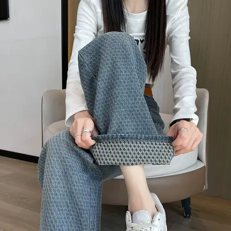 蓝色阔腿牛仔裤女春秋款2023年新款高腰垂感直筒设计感提花拖地裤商品大图