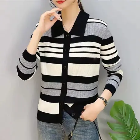 韩版宽松撞色条纹Polo领针织开衫女装上衣2023秋冬新款外穿毛衣女图片