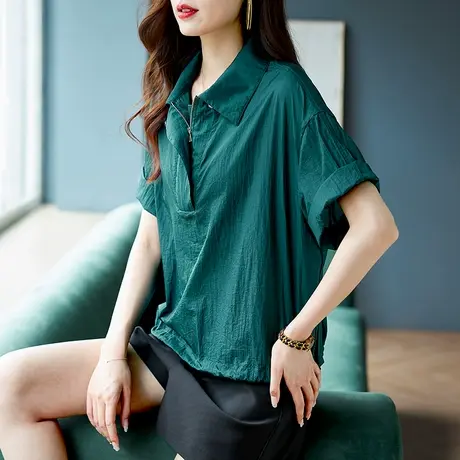 宝诗黎翻领拉链纯色五分袖雪纺衫肌理感上衣大码女装2023夏季新款商品大图