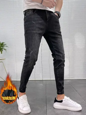 2023冬款男士加绒休闲长裤经典黑色百搭保暖男裤加厚显瘦牛仔裤男商品大图