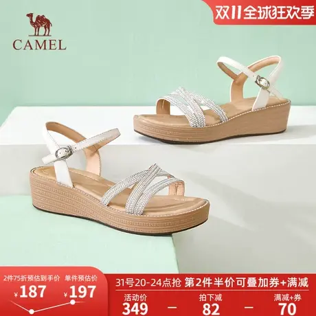 骆驼女鞋2023年夏季新款一字带水钻粗高跟休闲坡跟时装凉鞋女图片