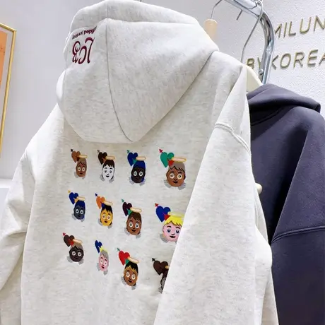 韩国东大门卫衣外套ins宽松古着感刺绣连帽加绒卫衣秋冬欧货大码图片