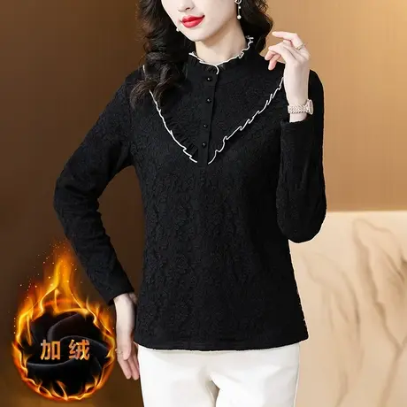 秋冬季加绒蕾丝打底衫女宽松加大码中年妈妈洋气休闲保暖内搭上衣商品大图
