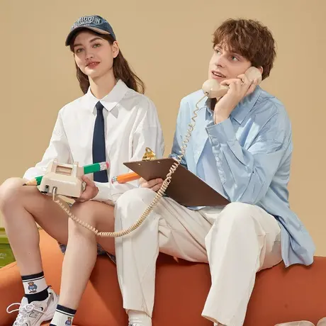 唐狮春秋情侣衬衫净色高级长袖衬衫男女休闲白色情侣装外套复古潮商品大图