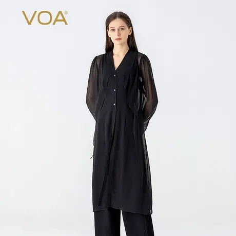 VOA桑蚕丝乔其纱黑色V领长袖单排多扣通勤百搭直筒真丝外套风衣女商品大图