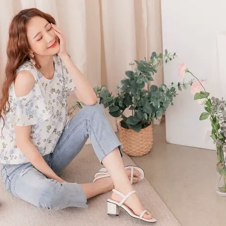 桔熊夏季韩版清新小衫碎花拼接荷叶袖露肩柔软上衣女大码AB15119商品大图