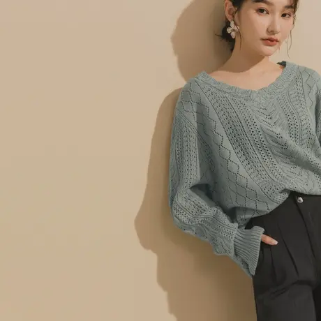 桔熊秋冬甜美麻花镂空包芯纱针织衫温暖外搭V领毛衣女大码FA1769商品大图