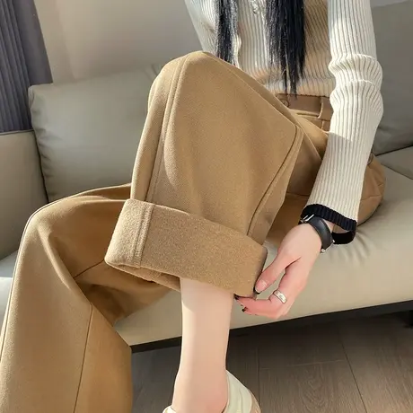 加绒毛呢直筒阔腿裤女秋冬季新款高腰显瘦宽松垂感弯刀香蕉休闲裤商品大图