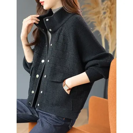 宝诗黎休闲立领毛衣外套女2024春秋季新款时尚单排扣针织开衫上衣商品大图