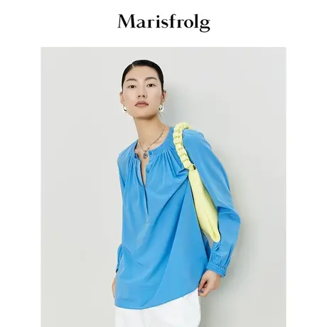 【重磅真丝】玛丝菲尔春季新款蓝色高级感廓形圆领衬衫上衣女商品大图