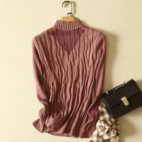 天鹅绒半高领蕾丝打底衫女士秋冬洋气2023年新款加厚内搭保暖毛衣商品大图