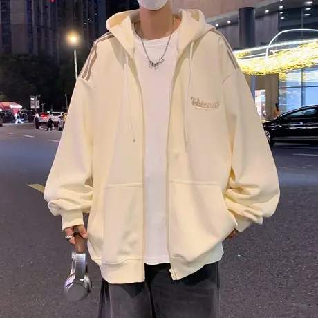 美式条纹连帽卫衣男春秋季2024新款情侣宽松潮流拉链开衫休闲外套商品大图