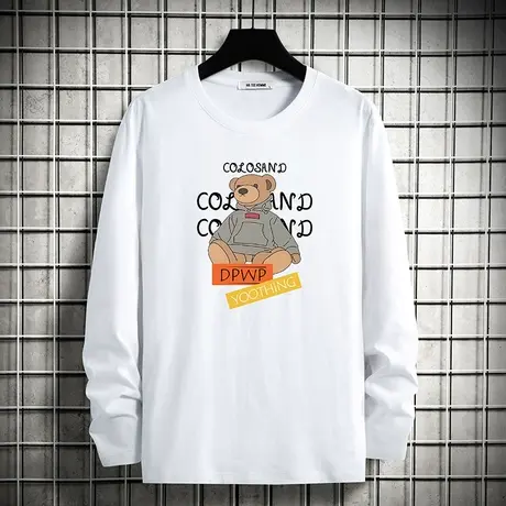 纯棉t恤男士长袖宽松白色上衣服潮流圆领内搭打底衫小熊全棉体恤商品大图