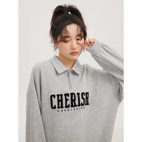 oversize半拉链polo领灰色美式学院风卫衣女春秋2022新款中长款图片