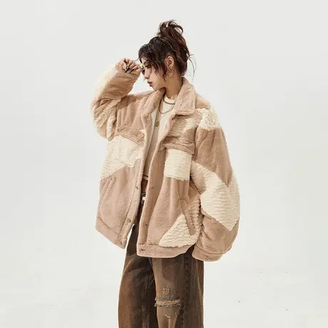 YEP设计感拼接棉服女冬季夹棉外套2023新款复古宽松毛毛复古棉衣商品大图